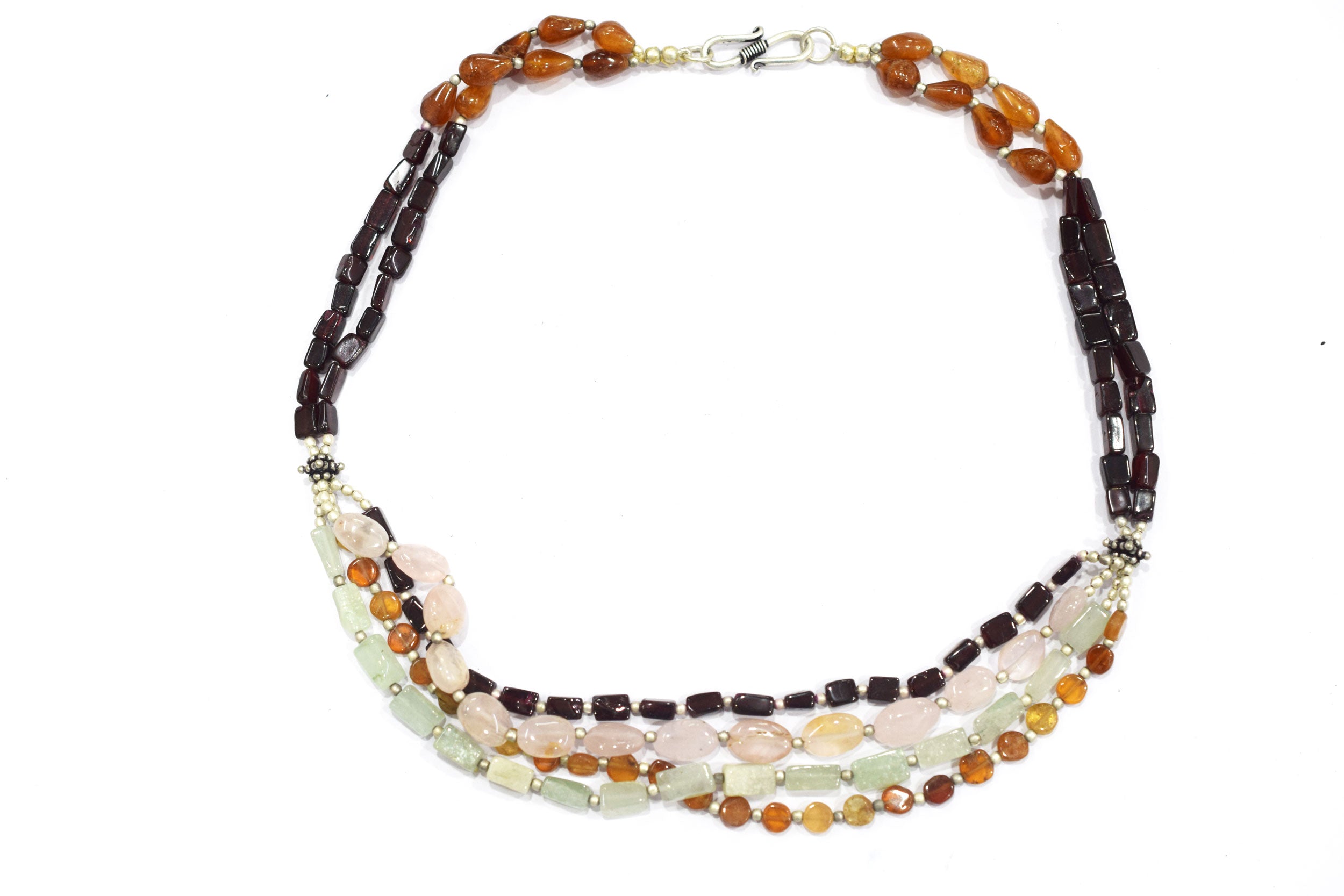 Multi-Strand Gemstone Statement Necklace with Rose Quartz, Hessonite, Aventurine & Garnet,32919