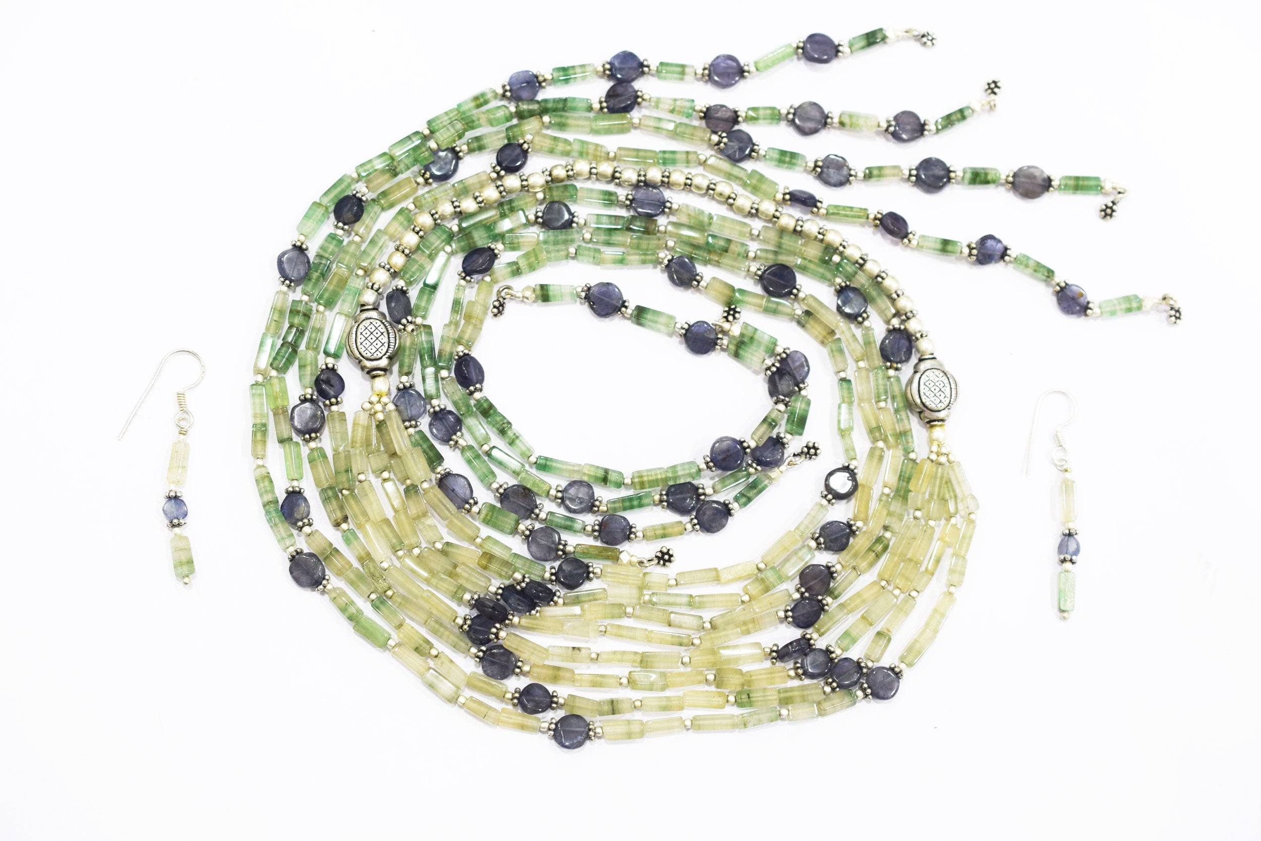 Natural Shaded Green Aventurine & Iolite Multi-Strand Necklace & Earrings Set – Open-Ended Beaded Layering Statement Jewelry,32920