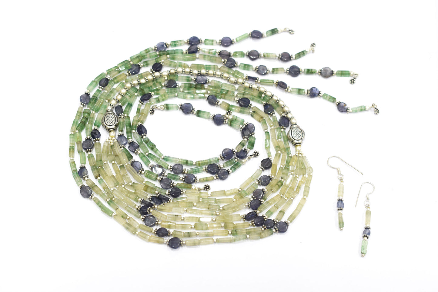 Natural Shaded Green Aventurine & Iolite Multi-Strand Necklace & Earrings Set – Open-Ended Beaded Layering Statement Jewelry,32920