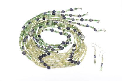 Natural Shaded Green Aventurine & Iolite Multi-Strand Necklace & Earrings Set – Open-Ended Beaded Layering Statement Jewelry,32920