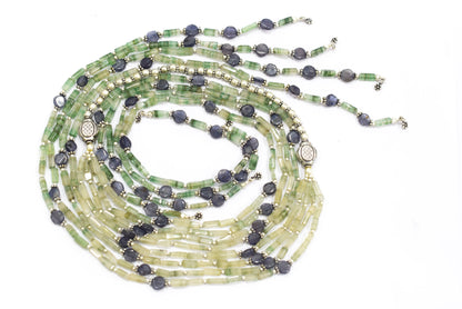 Natural Shaded Green Aventurine & Iolite Multi-Strand Necklace & Earrings Set – Open-Ended Beaded Layering Statement Jewelry,32920