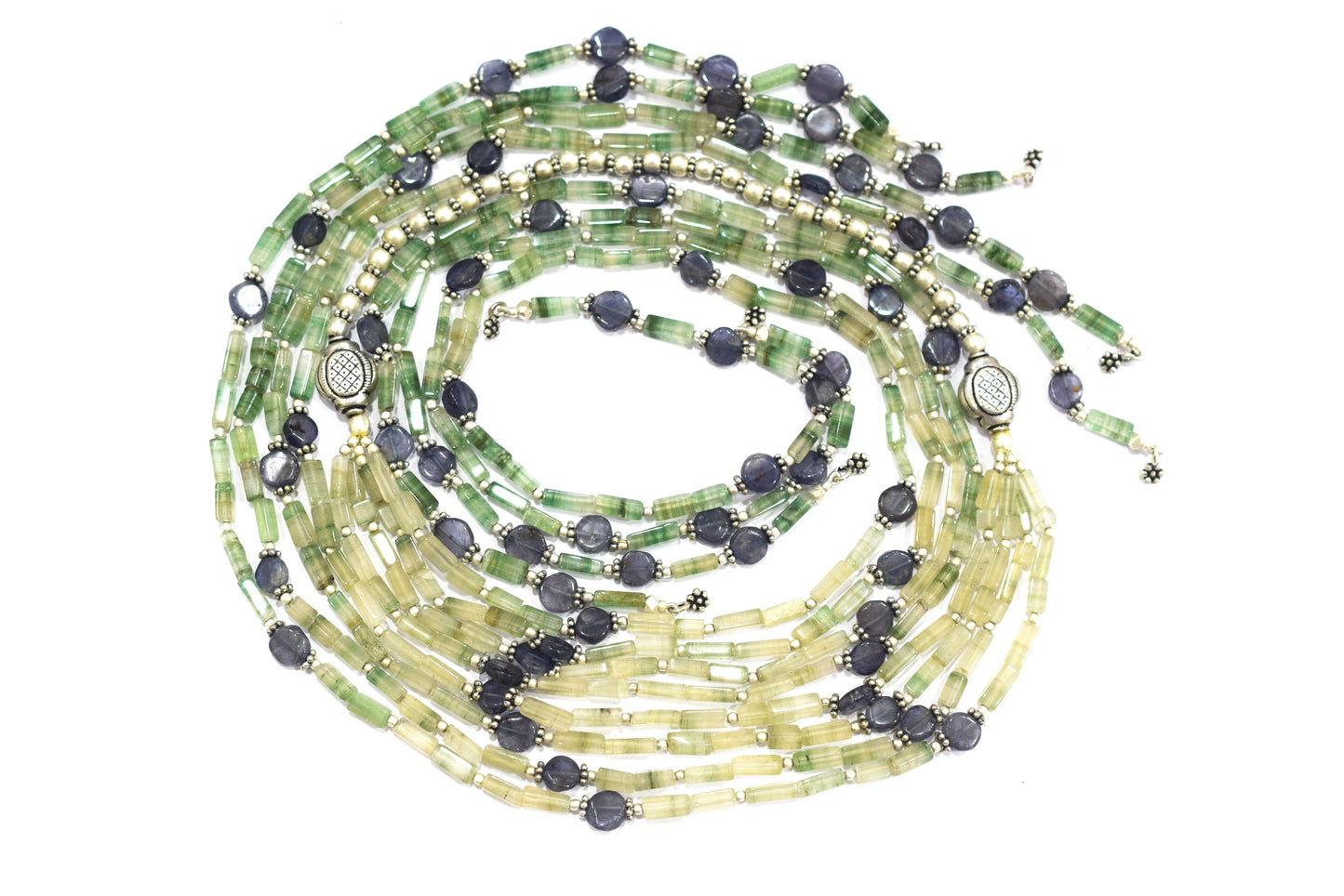 Natural Shaded Green Aventurine & Iolite Multi-Strand Necklace & Earrings Set – Open-Ended Beaded Layering Statement Jewelry,32920