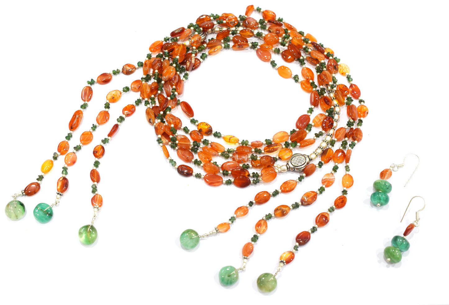 Natural Carnelian, Green Aventurine & Green Quartz  Multi-Strand Necklace & Earrings Set – Open-Ended Beaded Layering Jewelry, 32921