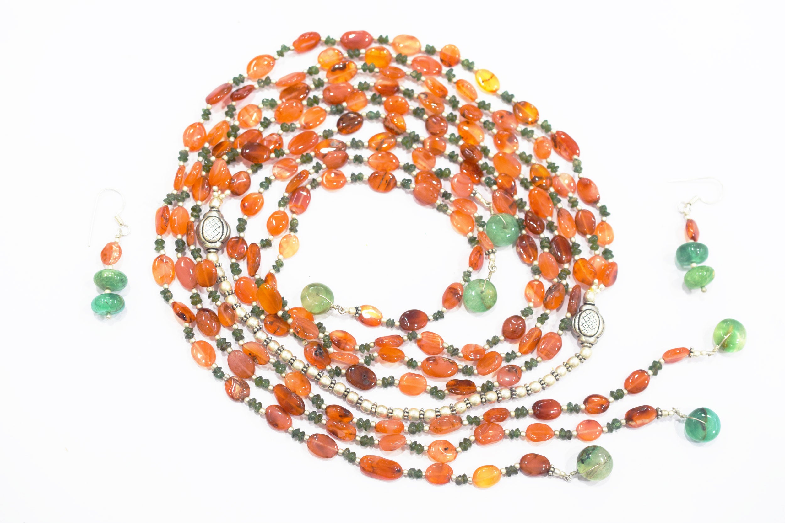 Natural Carnelian, Green Aventurine & Green Quartz  Multi-Strand Necklace & Earrings Set – Open-Ended Beaded Layering Jewelry, 32921