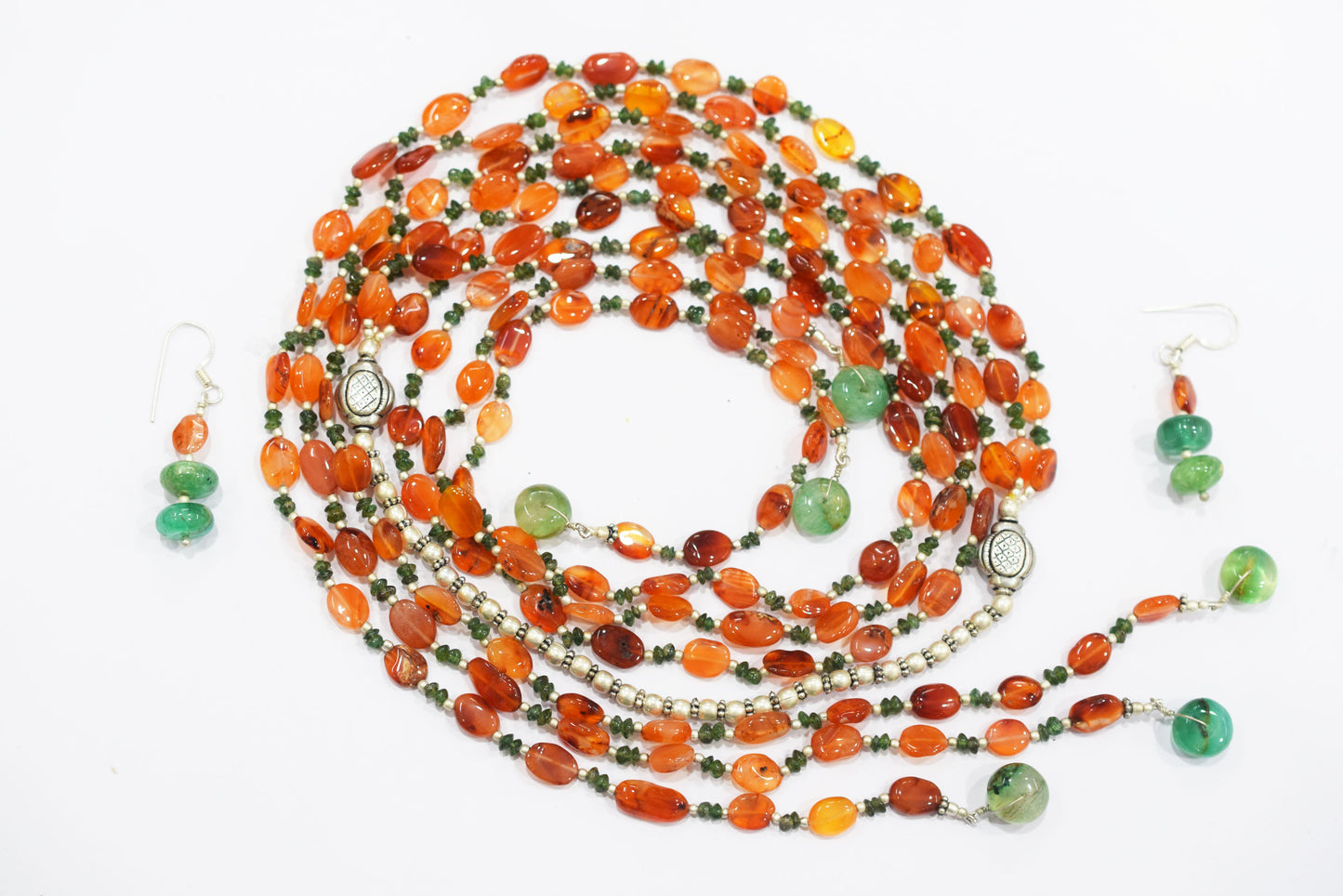 Natural Carnelian, Green Aventurine & Green Quartz  Multi-Strand Necklace & Earrings Set – Open-Ended Beaded Layering Jewelry, 32921