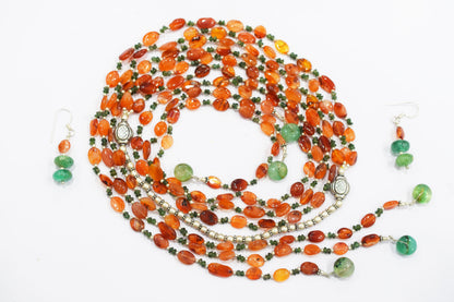Natural Carnelian, Green Aventurine & Green Quartz  Multi-Strand Necklace & Earrings Set – Open-Ended Beaded Layering Jewelry, 32921