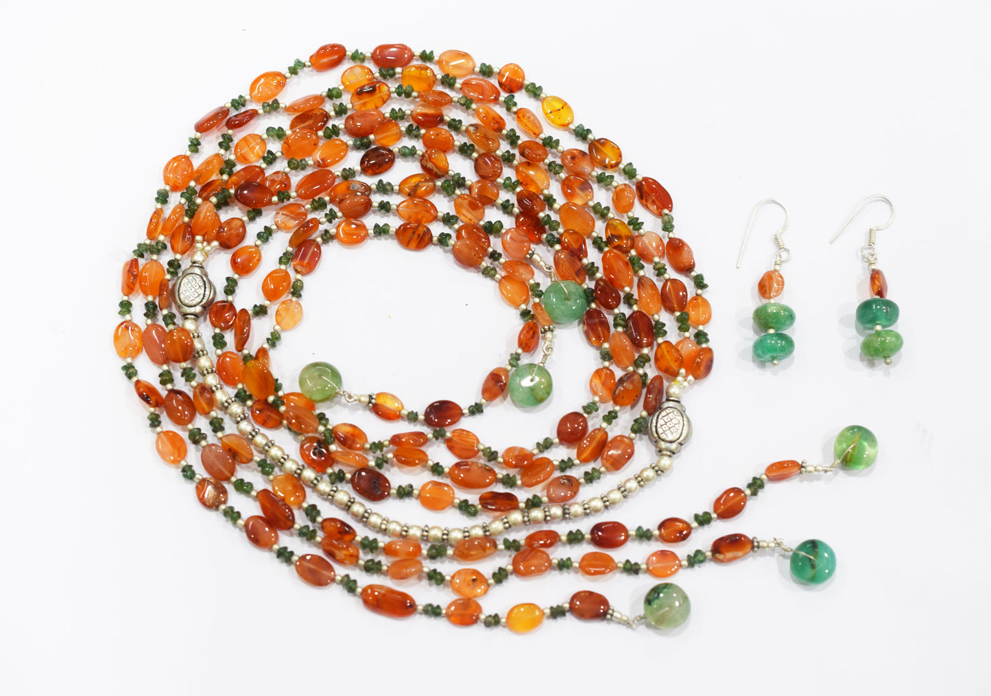 Natural Carnelian, Green Aventurine & Green Quartz  Multi-Strand Necklace & Earrings Set – Open-Ended Beaded Layering Jewelry, 32921