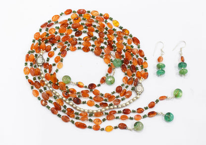 Natural Carnelian, Green Aventurine & Green Quartz  Multi-Strand Necklace & Earrings Set – Open-Ended Beaded Layering Jewelry, 32921