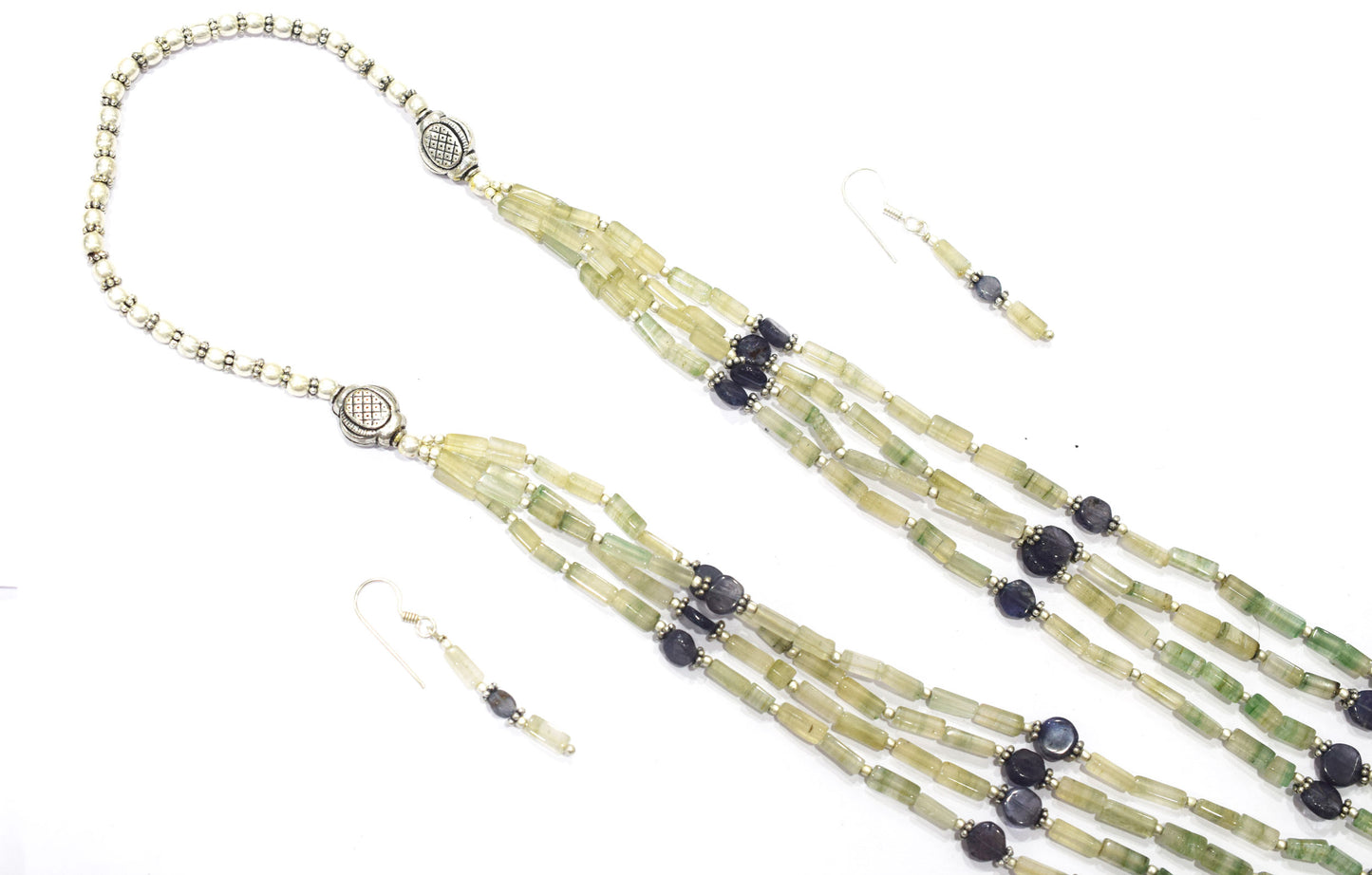 Natural Shaded Green Aventurine & Iolite Multi-Strand Necklace & Earrings Set – Open-Ended Beaded Layering Statement Jewelry,32922