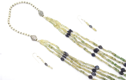 Natural Shaded Green Aventurine & Iolite Multi-Strand Necklace & Earrings Set – Open-Ended Beaded Layering Statement Jewelry,32922