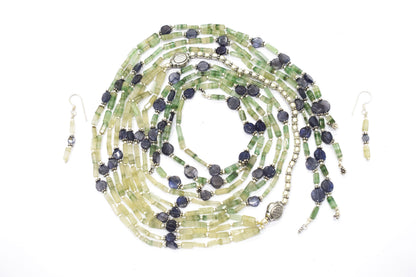 Natural Shaded Green Aventurine & Iolite Multi-Strand Necklace & Earrings Set – Open-Ended Beaded Layering Statement Jewelry,32922