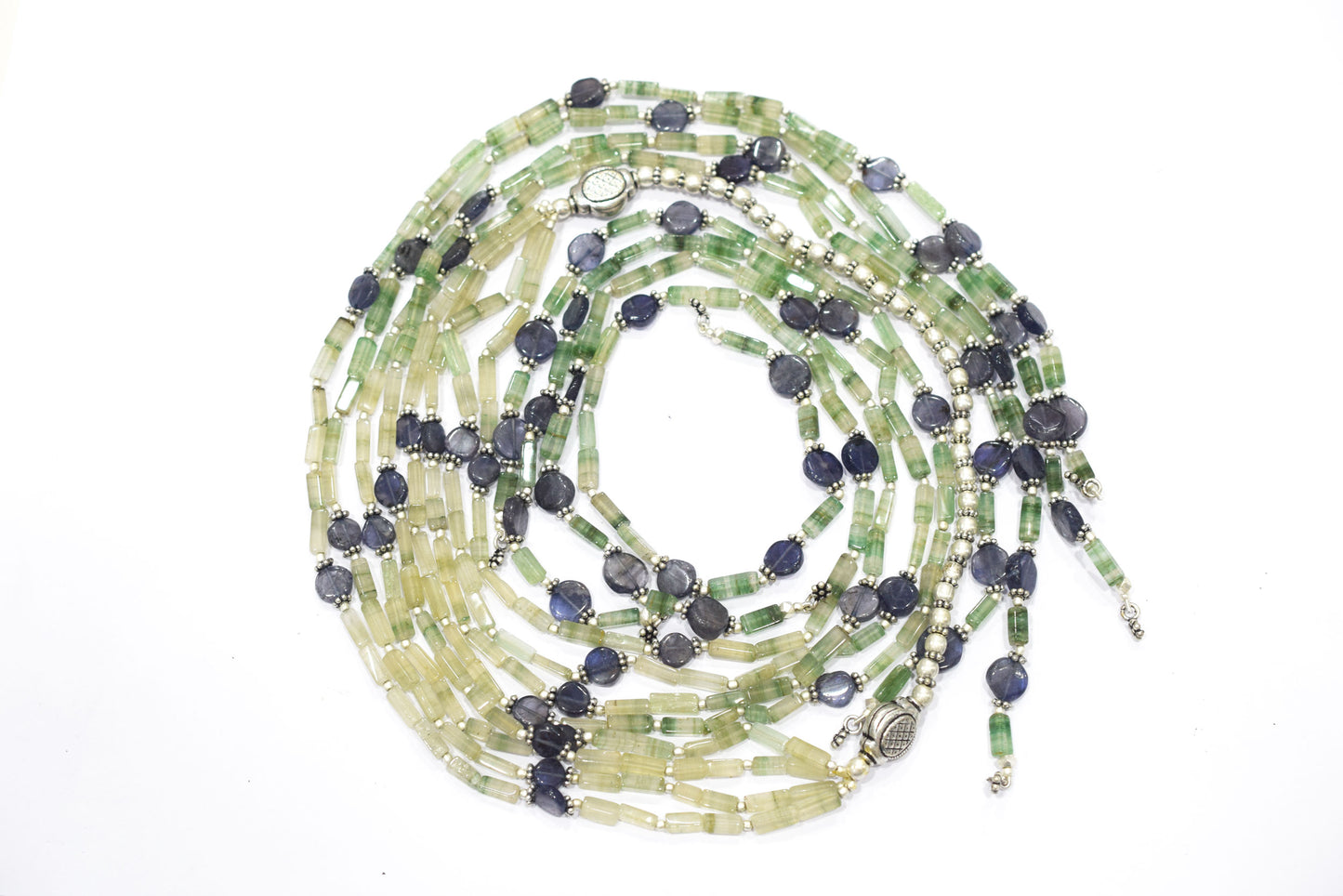 Natural Shaded Green Aventurine & Iolite Multi-Strand Necklace & Earrings Set – Open-Ended Beaded Layering Statement Jewelry,32922