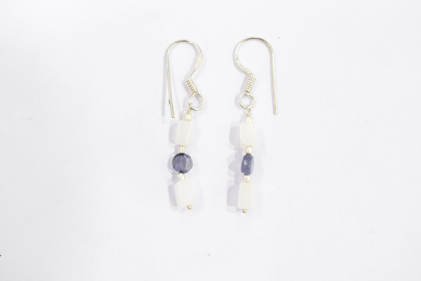 Natural White Agate & Iolite Multi-Strand Necklace & Earrings Set – Open-Ended Beaded Layering Statement Jewelry, 32923