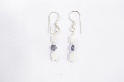 Natural White Agate & Iolite Multi-Strand Necklace & Earrings Set – Open-Ended Beaded Layering Statement Jewelry, 32923