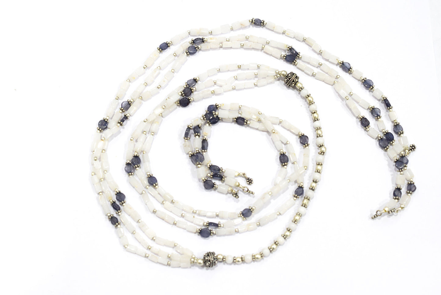 Natural White Agate & Iolite Multi-Strand Necklace & Earrings Set – Open-Ended Beaded Layering Statement Jewelry, 32923