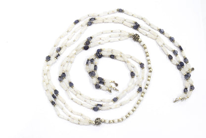 Natural White Agate & Iolite Multi-Strand Necklace & Earrings Set – Open-Ended Beaded Layering Statement Jewelry, 32923