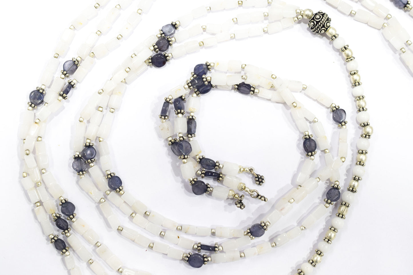 Natural White Agate & Iolite Multi-Strand Necklace & Earrings Set – Open-Ended Beaded Layering Statement Jewelry, 32923