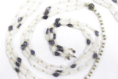 Natural White Agate & Iolite Multi-Strand Necklace & Earrings Set – Open-Ended Beaded Layering Statement Jewelry, 32923