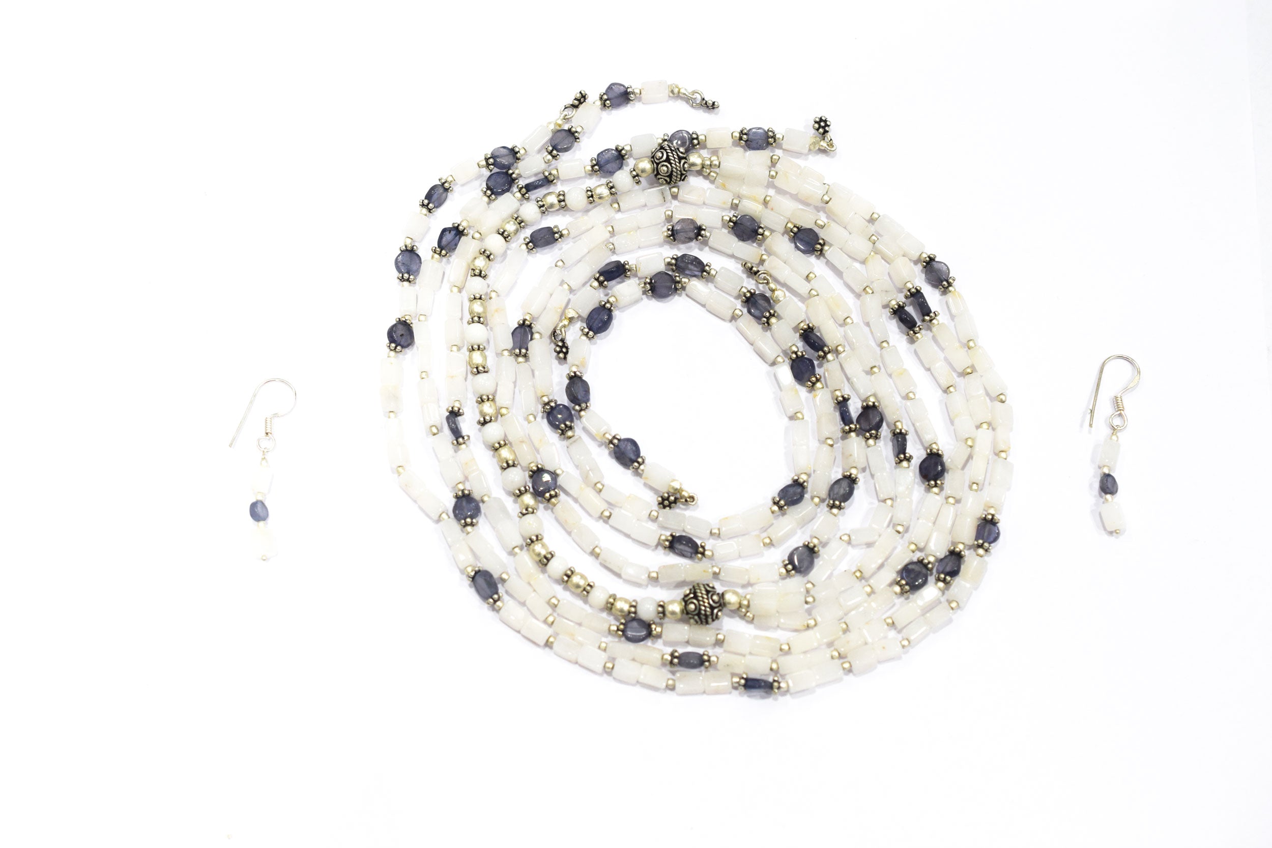Natural White Agate & Iolite Multi-Strand Necklace & Earrings Set – Open-Ended Beaded Layering Statement Jewelry, 32923