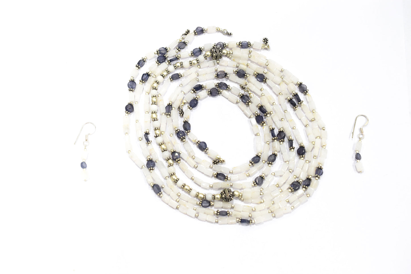 Natural White Agate & Iolite Multi-Strand Necklace & Earrings Set – Open-Ended Beaded Layering Statement Jewelry, 32923