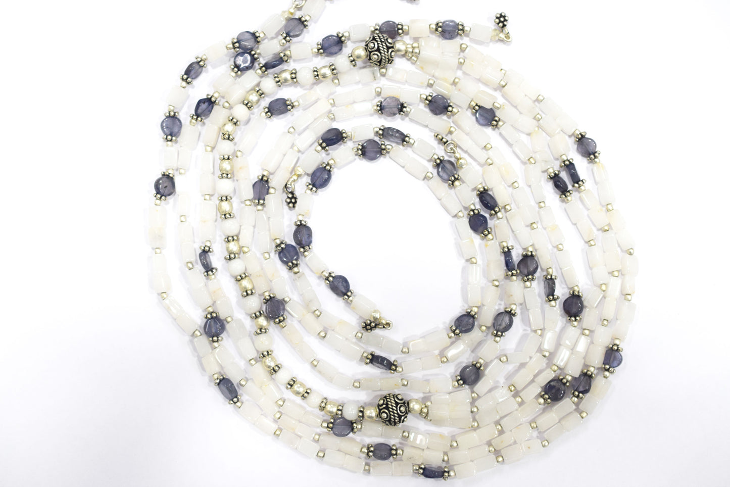 Natural White Agate & Iolite Multi-Strand Necklace & Earrings Set – Open-Ended Beaded Layering Statement Jewelry, 32923