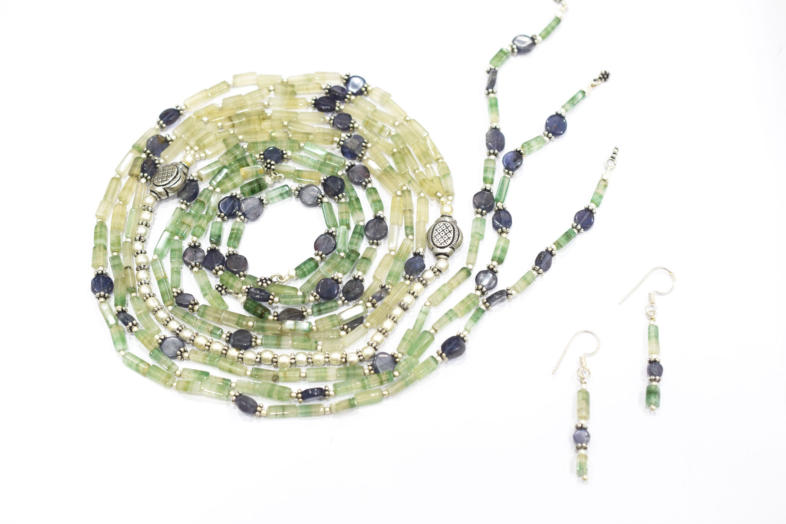 Natural Shaded Green Aventurine & Iolite Multi-Strand Necklace & Earrings Set – Open-Ended Beaded Layering Statement Jewelry, 32924