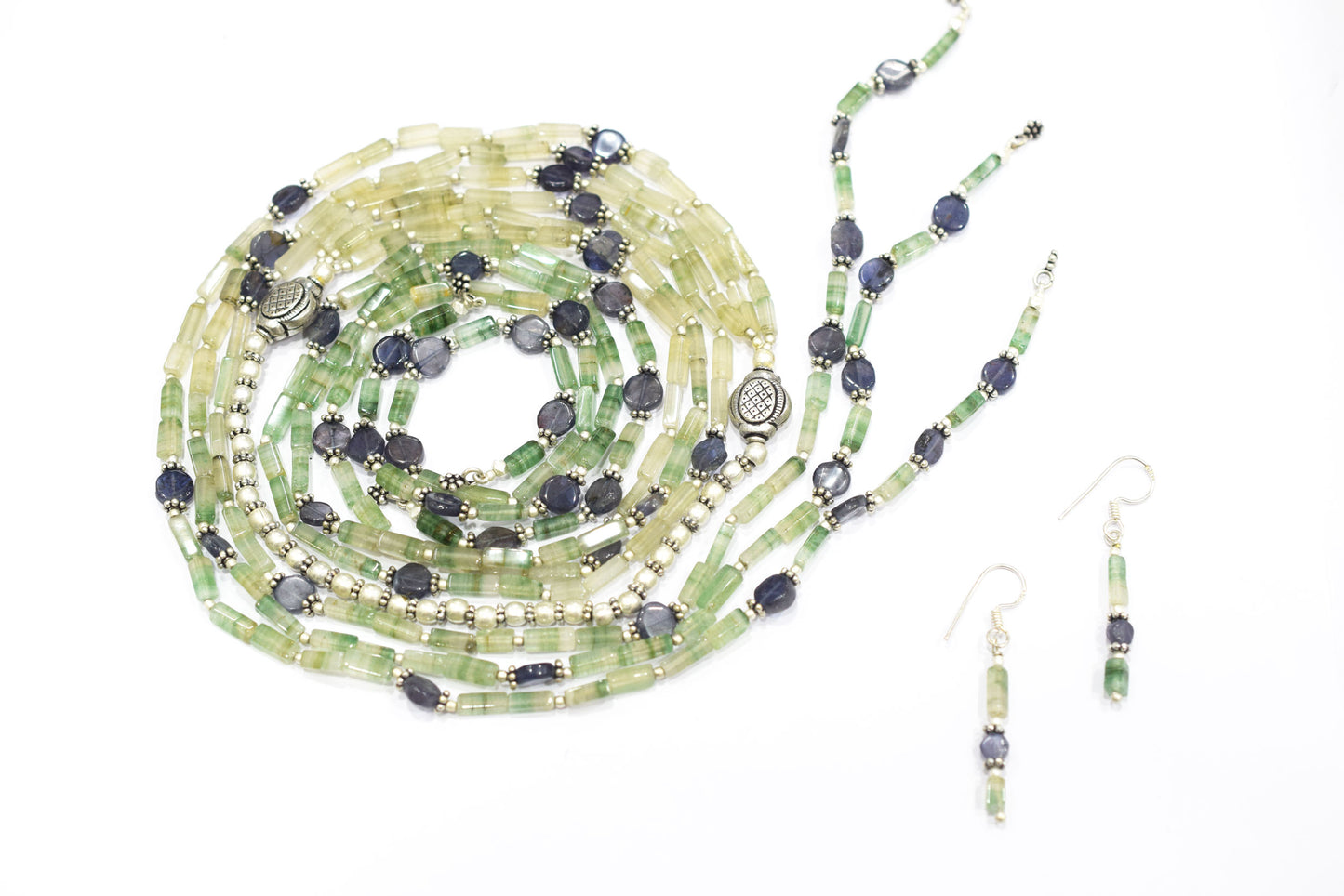 Natural Shaded Green Aventurine & Iolite Multi-Strand Necklace & Earrings Set – Open-Ended Beaded Layering Statement Jewelry, 32924