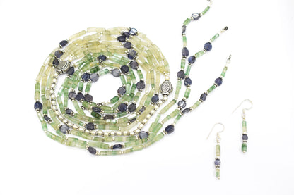 Natural Shaded Green Aventurine & Iolite Multi-Strand Necklace & Earrings Set – Open-Ended Beaded Layering Statement Jewelry, 32924
