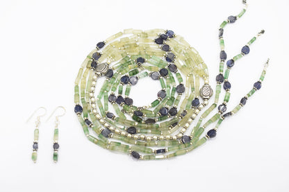 Natural Shaded Green Aventurine & Iolite Multi-Strand Necklace & Earrings Set – Open-Ended Beaded Layering Statement Jewelry, 32924