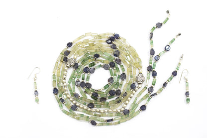 Natural Shaded Green Aventurine & Iolite Multi-Strand Necklace & Earrings Set – Open-Ended Beaded Layering Statement Jewelry, 32924