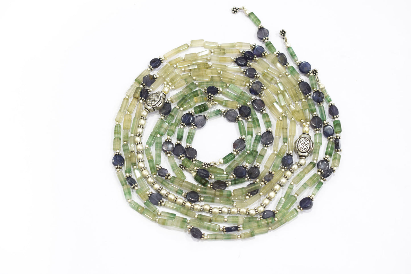 Natural Shaded Green Aventurine & Iolite Multi-Strand Necklace & Earrings Set – Open-Ended Beaded Layering Statement Jewelry, 32924
