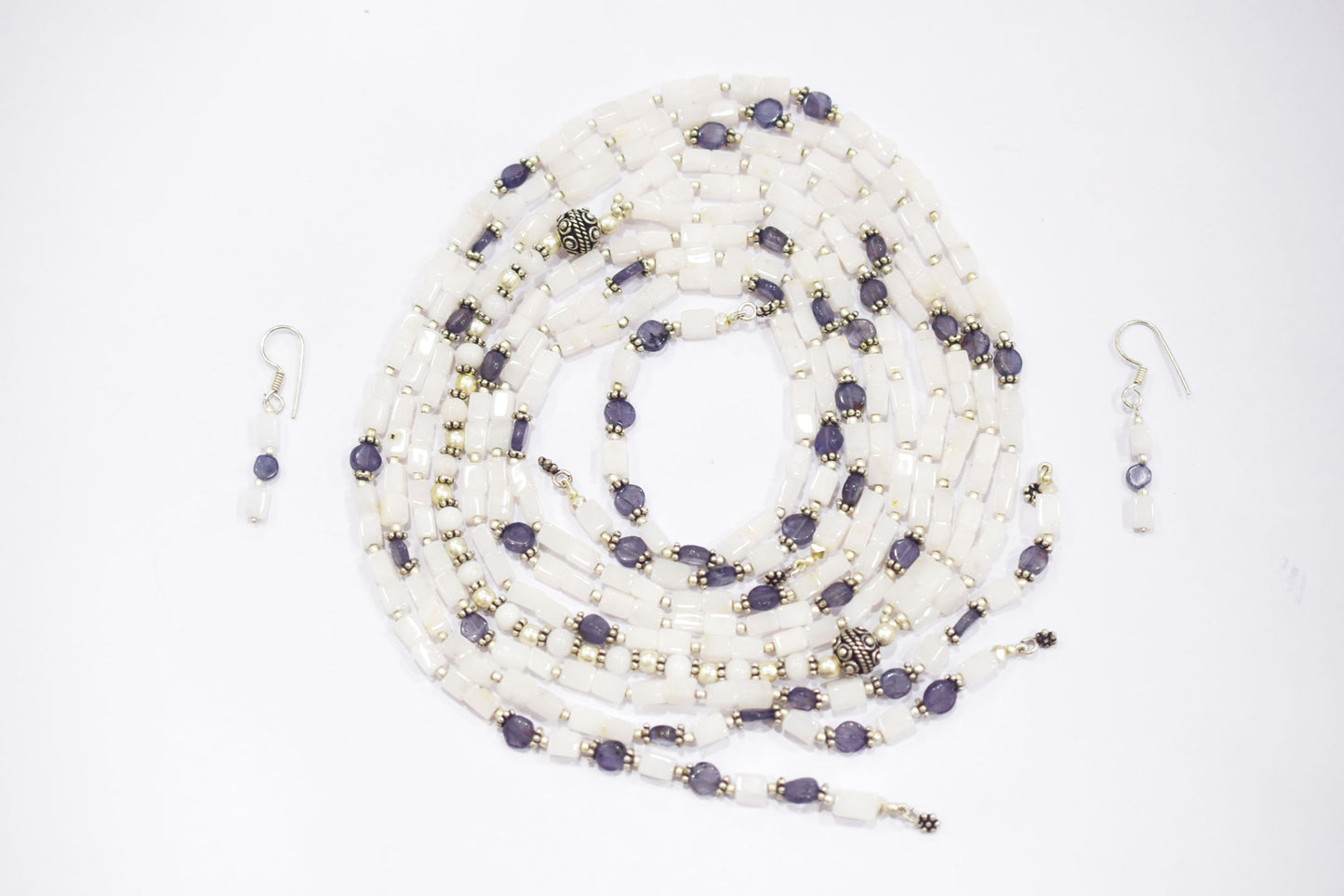 Natural White Agate & Iolite Multi-Strand Necklace & Earrings Set – Open-Ended Beaded Layering Statement Jewelry, 32925
