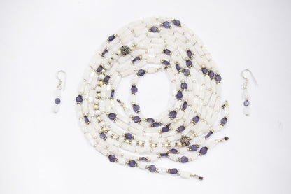 Natural White Agate & Iolite Multi-Strand Necklace & Earrings Set – Open-Ended Beaded Layering Statement Jewelry, 32925