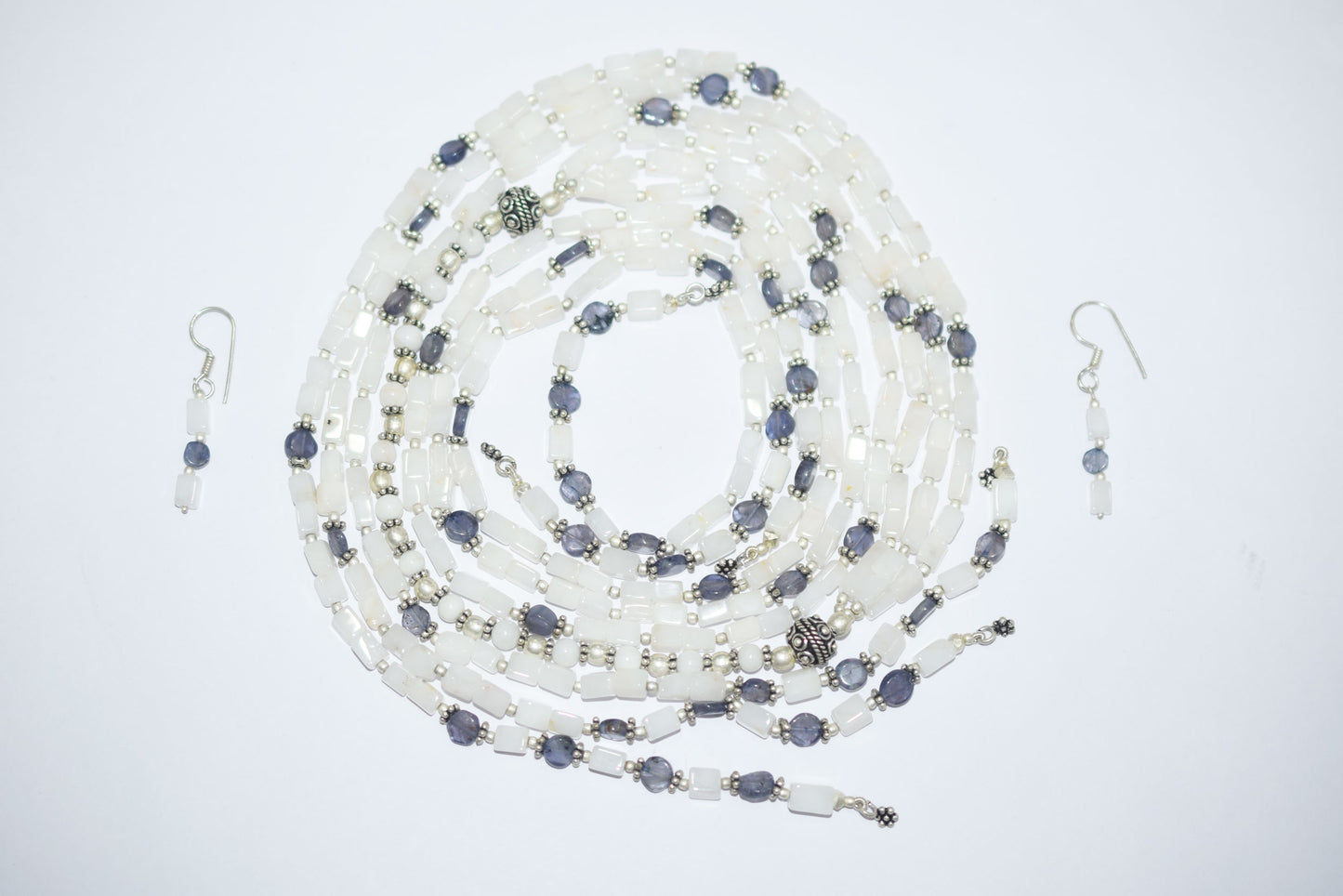 Natural White Agate & Iolite Multi-Strand Necklace & Earrings Set – Open-Ended Beaded Layering Statement Jewelry, 32925