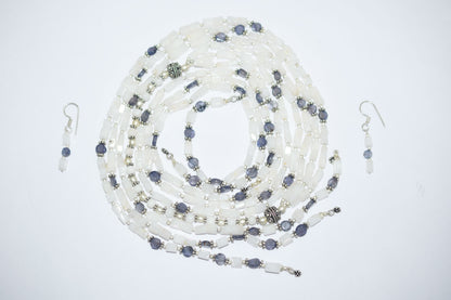 Natural White Agate & Iolite Multi-Strand Necklace & Earrings Set – Open-Ended Beaded Layering Statement Jewelry, 32925