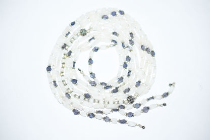 Natural White Agate & Iolite Multi-Strand Necklace & Earrings Set – Open-Ended Beaded Layering Statement Jewelry, 32925