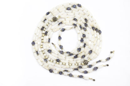 Natural White Agate & Iolite Multi-Strand Necklace & Earrings Set – Open-Ended Beaded Layering Statement Jewelry, 32925