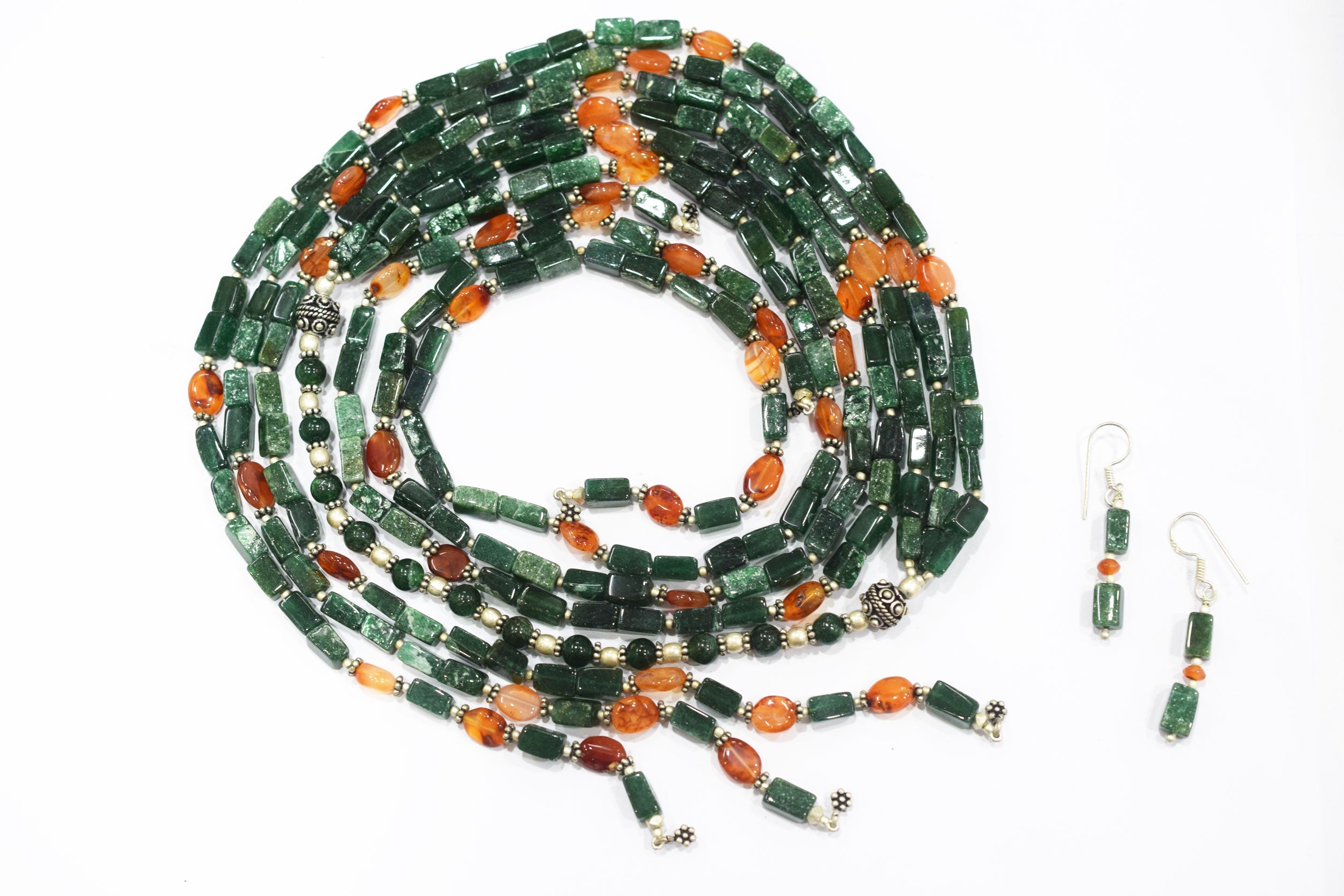 Natural Green Aventurine & Carnelian Multi-Strand Necklace & Earrings Set – Open-Ended Beaded Layering Statement Jewelry, 32926