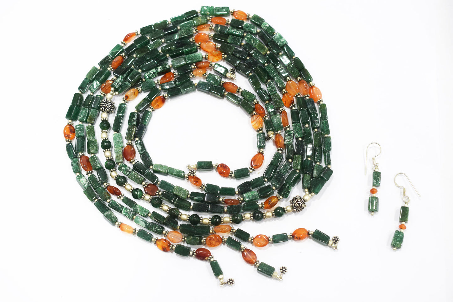 Natural Green Aventurine & Carnelian Multi-Strand Necklace & Earrings Set – Open-Ended Beaded Layering Statement Jewelry, 32926
