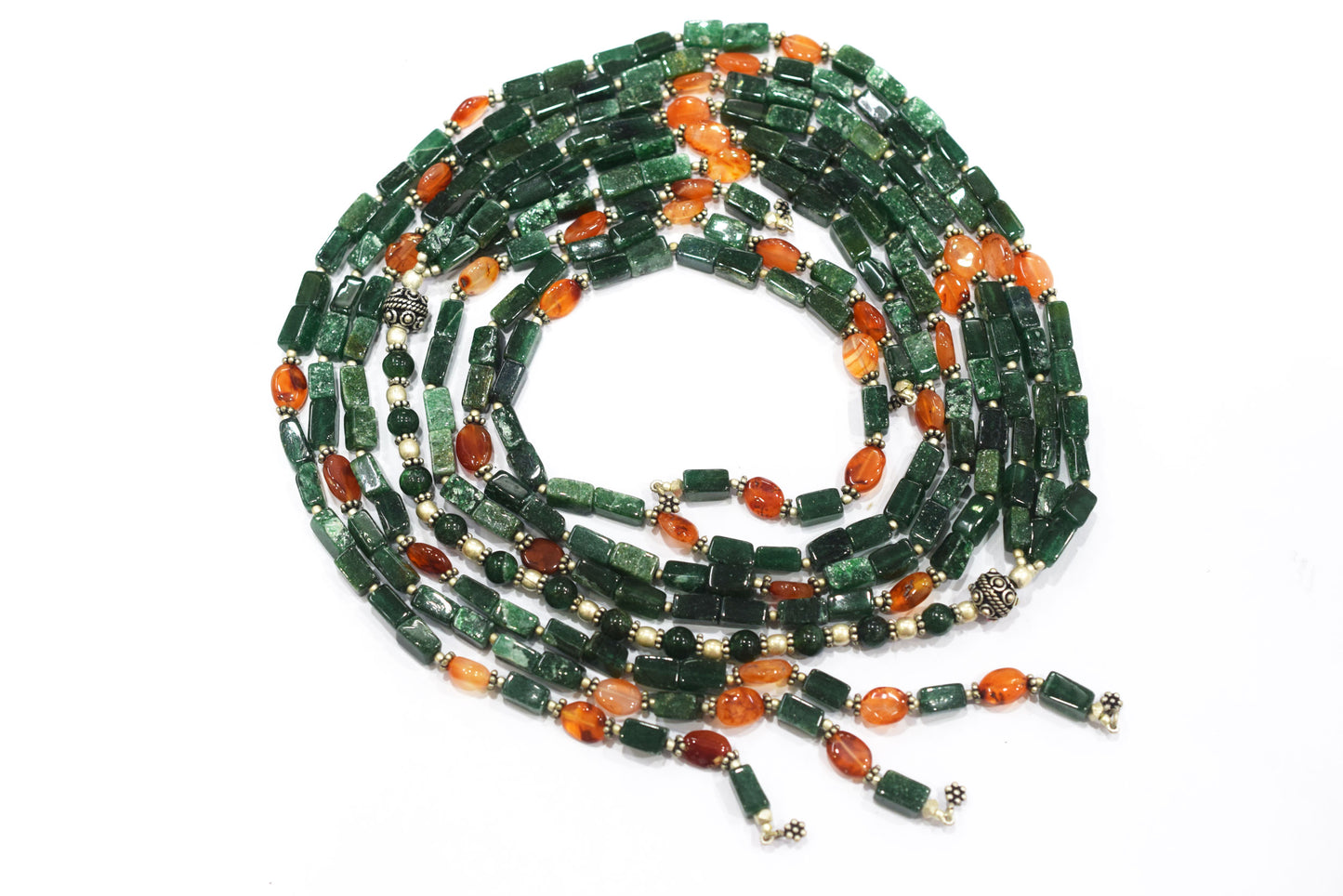 Natural Green Aventurine & Carnelian Multi-Strand Necklace & Earrings Set – Open-Ended Beaded Layering Statement Jewelry, 32926