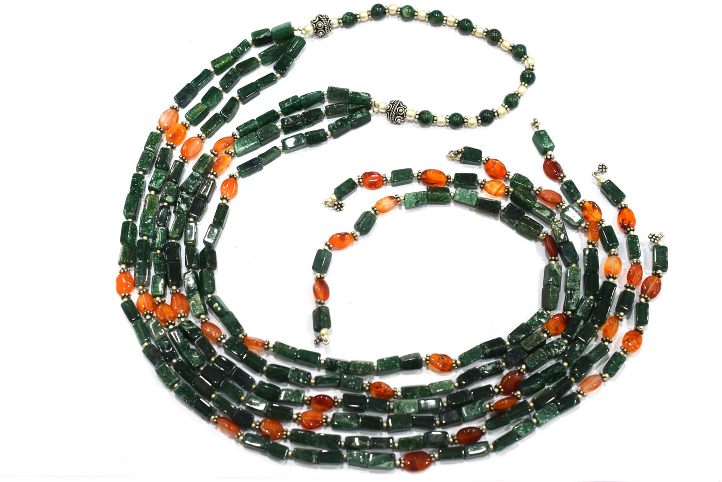 Natural Green Aventurine & Carnelian Multi-Strand Necklace & Earrings Set – Open-Ended Beaded Layering Statement Jewelry, 32926
