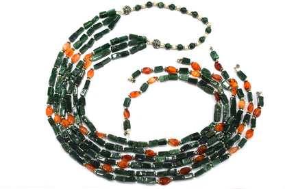 Natural Green Aventurine & Carnelian Multi-Strand Necklace & Earrings Set – Open-Ended Beaded Layering Statement Jewelry, 32926