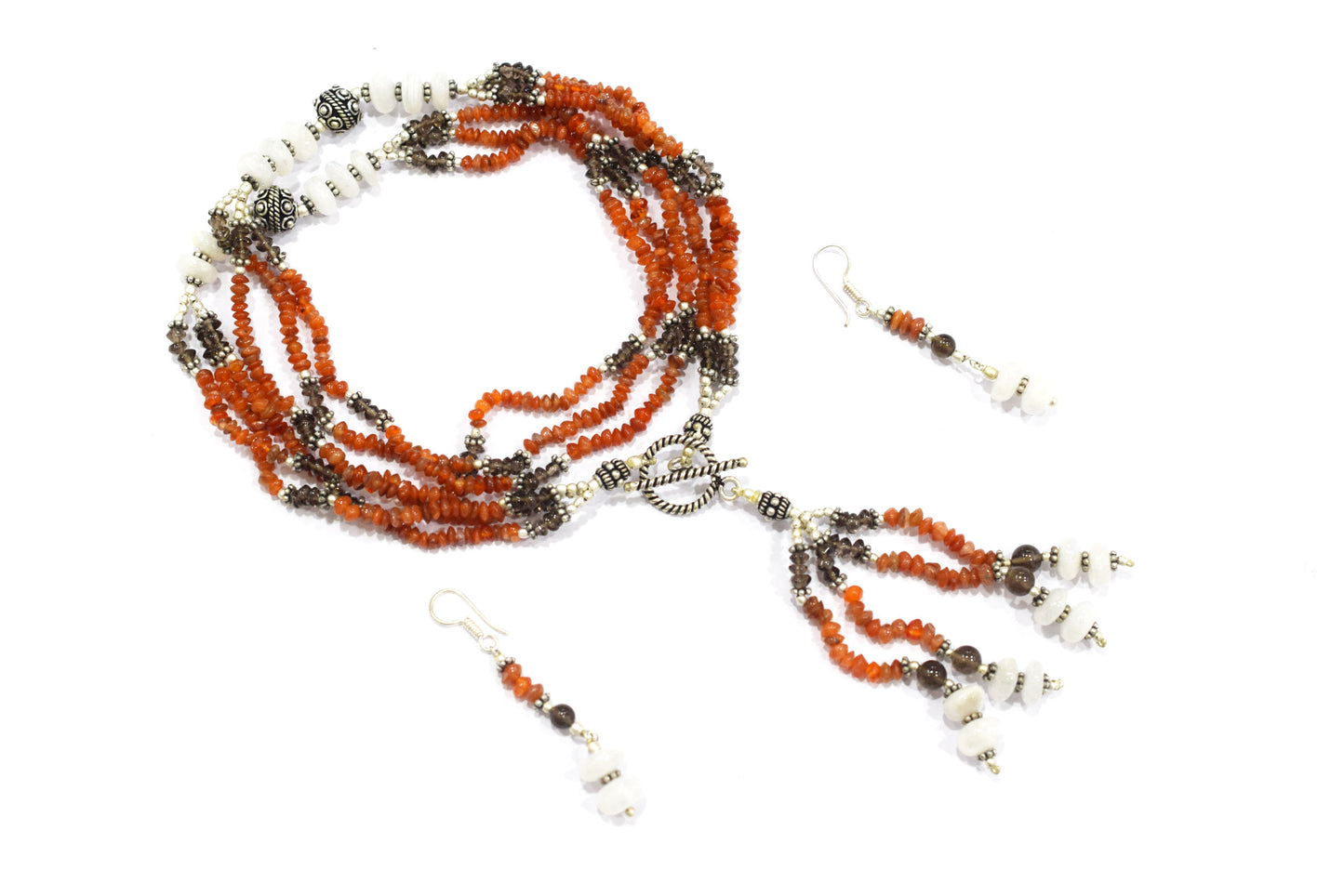 Natural Carnelian, White Agate & Smoky Quartz Multi-Strand Tassel Necklace & Earrings Set – Beaded Bohemian Toggle Clasp Jewelry, 32927