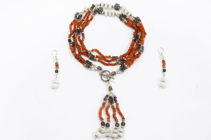 Natural Carnelian, White Agate & Smoky Quartz Multi-Strand Tassel Necklace & Earrings Set – Beaded Bohemian Toggle Clasp Jewelry, 32927