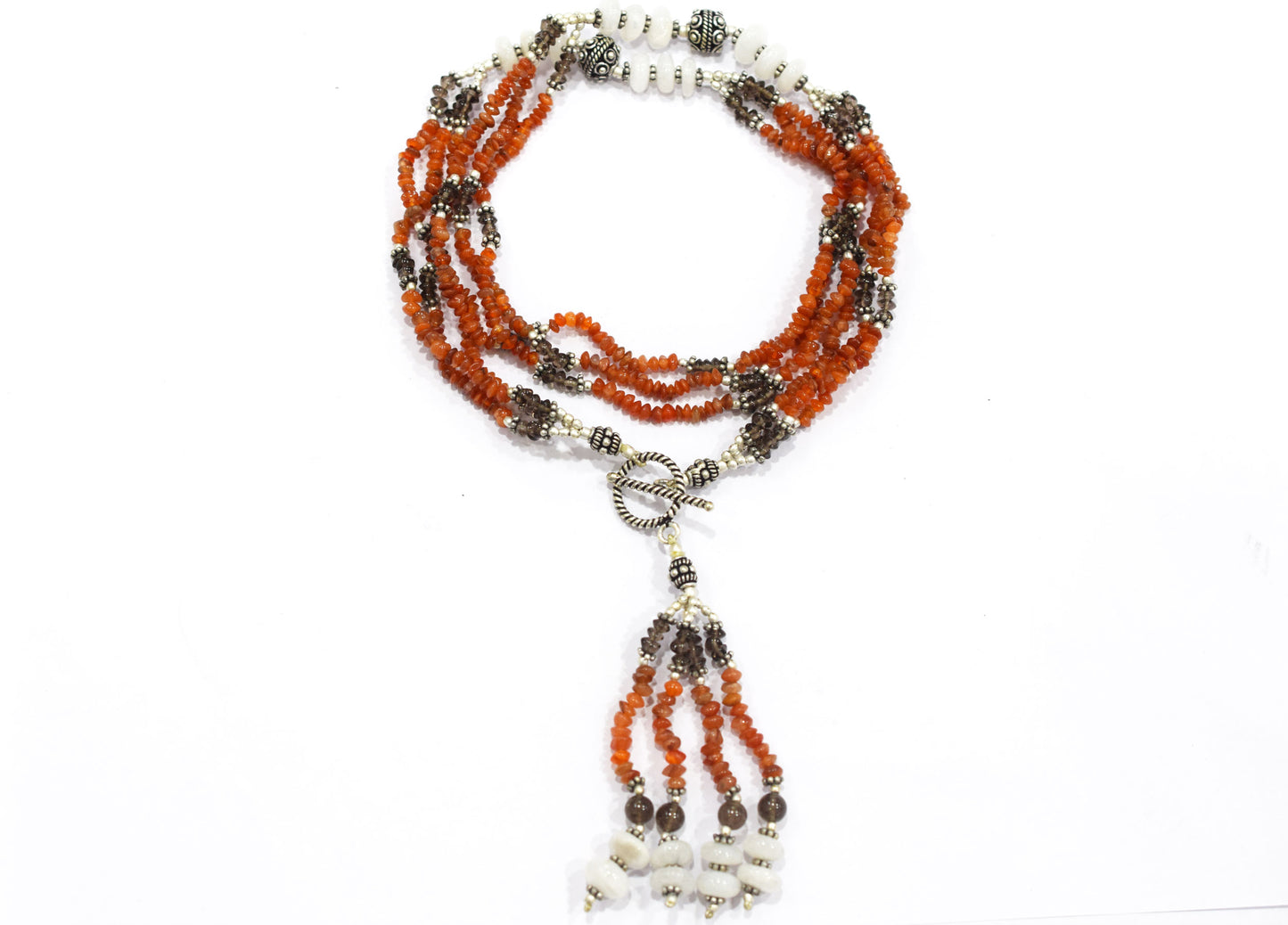 Natural Carnelian, White Agate & Smoky Quartz Multi-Strand Tassel Necklace & Earrings Set – Beaded Bohemian Toggle Clasp Jewelry, 32927