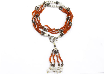 Natural Carnelian, White Agate & Smoky Quartz Multi-Strand Tassel Necklace & Earrings Set – Beaded Bohemian Toggle Clasp Jewelry, 32927
