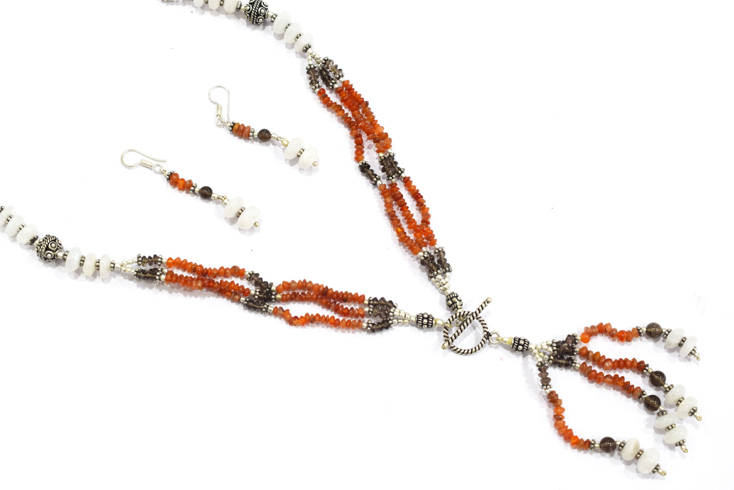 Natural Carnelian, White Agate & Smoky Quartz Multi-Strand Tassel Necklace & Earrings Set – Beaded Bohemian Toggle Clasp Jewelry, 32927