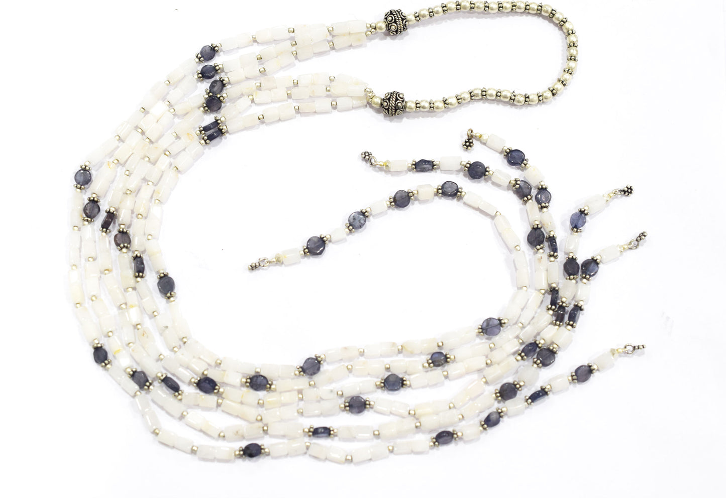 Natural White Agate & Iolite Multi-Strand Necklace & Earrings Set – Open-Ended Beaded Layering Statement Jewelry, 32928