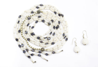 Natural White Agate & Iolite Multi-Strand Necklace & Earrings Set – Open-Ended Beaded Layering Statement Jewelry, 32928