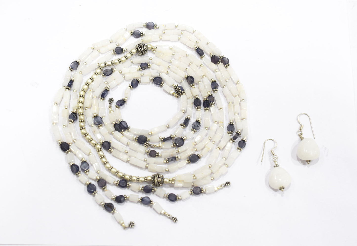 Natural White Agate & Iolite Multi-Strand Necklace & Earrings Set – Open-Ended Beaded Layering Statement Jewelry, 32928